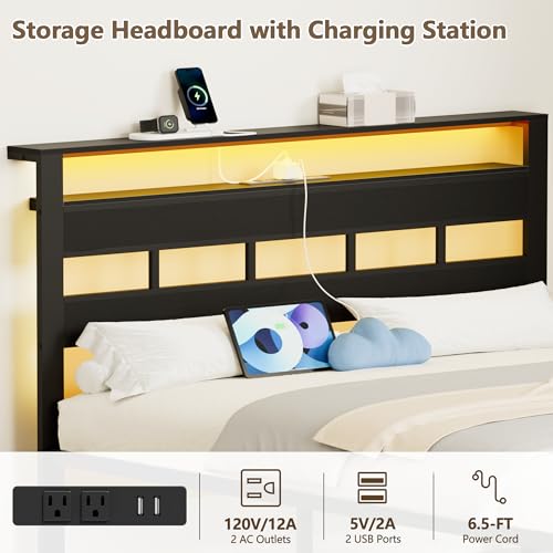 Furnulem Queen Bed Frame with Storage Headboard and LED Lights, Metal Bedframe with Charging Station and USB Port, Queen Size Platform Bed with Heavy Duty Slats, Black Oak