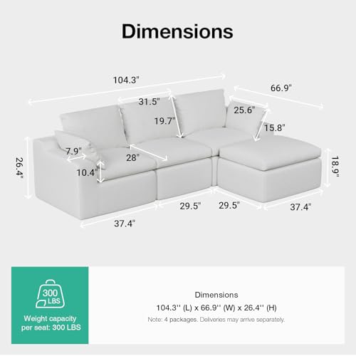 Image of Novilla 104.3 inch Modular Cloud Couch, Modern Sectional Sofa with Smarts Coil Support, Chenille Fabric, Upholstered Couch for Living Room Apartments Bedroom, No Assembly, 3 Seater + 1 Ottoman, White