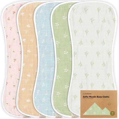 Image of 5-Pack Muslin Burp Cloths Baby Boy, Girl - Very Absorbent Baby Burp Cloth Rags, 8-Layers Viscose Derived from Bamboo Cotton Muslin Towel, Super Soft Spit Up Rags, No Shrink Washcloths (Wild Bloom)