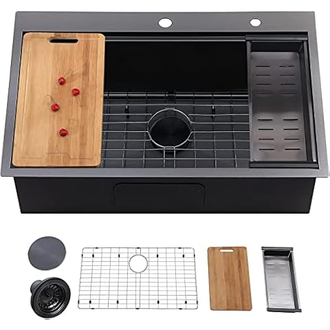 VAPSINT 33 x 22 inch Large Single Bowl Topmount Black Drop in Kitchen Sink,304 Workstation Stainless Steel Kitchen Sinks Deep Overmount Basin Sink with Grid,Drainer,Cutting Board and Colander Cover