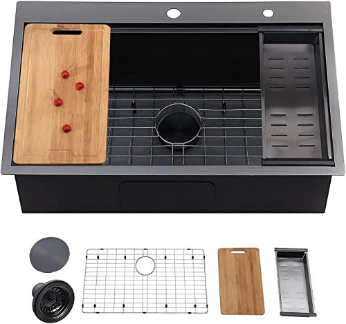 VAPSINT 33 x 22 inch Large Single Bowl Topmount Black Drop in Kitchen Sink,304 Workstation Stainless Steel Kitchen Sinks Deep Overmount Basin Sink with Grid,Drainer,Cutting Board and Colander