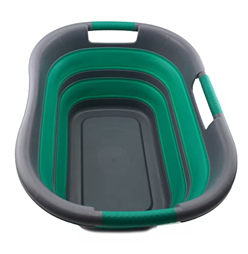 SAMMART 30L (7.9 gallon) Collapsible Plastic Laundry Basket - Foldable Pop Up Storage Container/Organizer - Portable Washing Tub - Space Saving Hamper/Basket (1, Dark Grey/Bluish-Green)