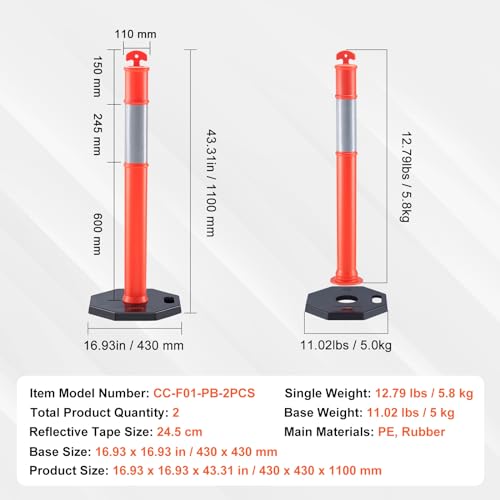 VEVOR Verkehrshütchen Verkehr Absperrpfosten 2 Stk. 430 x 430 mm Sockel Warnkegel Verkehrsleitkegel Reflektierende Warnleitkegel, Leitpfostenkegel Straßensperrpfosten Sicherheitspfosten Rot