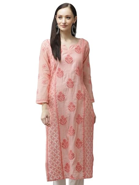 Ada Women Chanderi Straight Fit Hand Embroidered Lucknowi Chikankari Straight Kurta Kurti A411314 Green