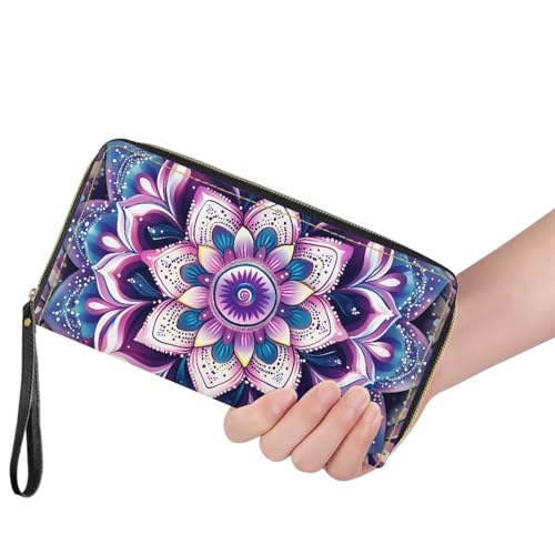 Image of Bulopur Boho Mandala Womens Wallet Wristlet PU Leather Purple Floral Clutch Purses for Ladies Waterproof Phone Holder Zip Around