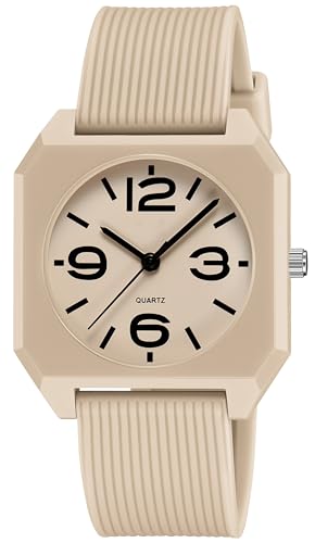 findtime Montre analogique à quartz unisexe pour femme - Étanche jusqu'à 5 ATM - Gros chiffres arabes - Facile à lire - Minimaliste - Design simple et décontracté - Bracelet en silicone, beige