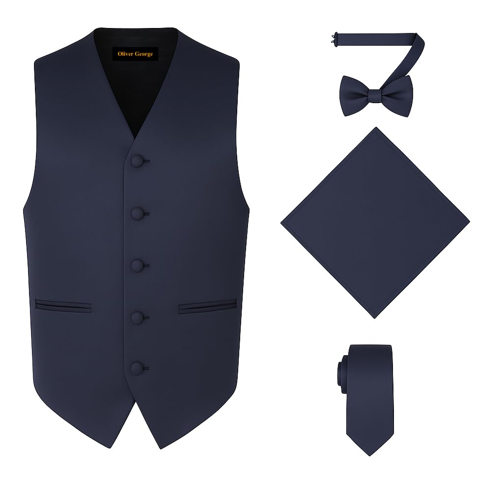 Oliver George 4pc Men's Solid Formal Suit Waistcoat Tuxedo Dress Vest Necktie Bowtie Handkerchief Set for Suit or Tuxedo