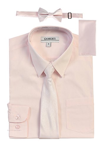 Image of Gioberti Boy's Long Sleeve Dress Shirt + Solid Tie, Bow Tie, and Hanky