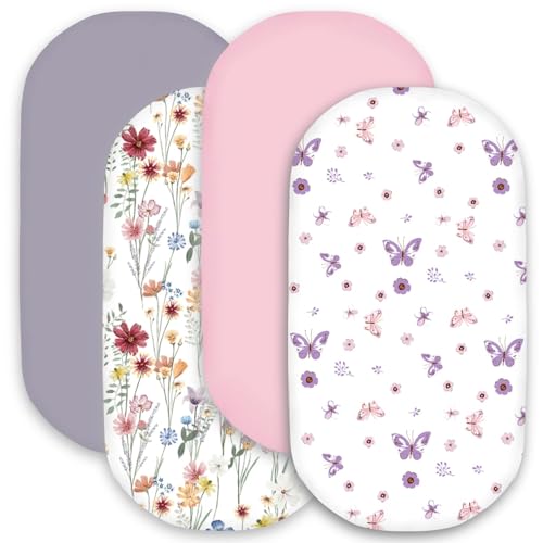 Image of Little Grape Land Bassinet Sheets 4 Pack, 33 inch x 18 inch Fitted Bassinet Sheets Up to 4 inch Deep Pocket, Ultra Soft Baby Bassinet Fitted Sheets for Bassinet Mattress, Butterfly Meadow