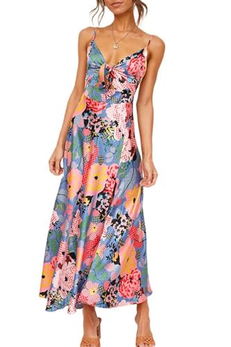 Image of Fashionme Women Spaghetti Strap Midi Satin Dresses Tie Front Backless Slit Cutout Dress Semi-Formal /Casual Flowy Lightweight