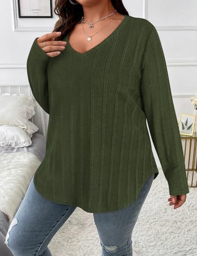 Image of Koscacy Women Plus Size Casual Knit Sweater V Neck Solid Color Tops Lightweight Long Sleeve Blouses