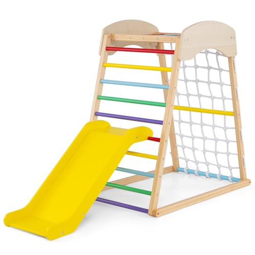 DREAMADE 5 in 1 Kletterdreieck mit Rutsche & Kletternetz & Kletterleiter & Pull Up Bar & Tunnel, Kinder Spielplatz Indoor Klettergerüst aus Holz zum Rutschen & Klettern für Kinder ab 1 Jahr (Bunt)