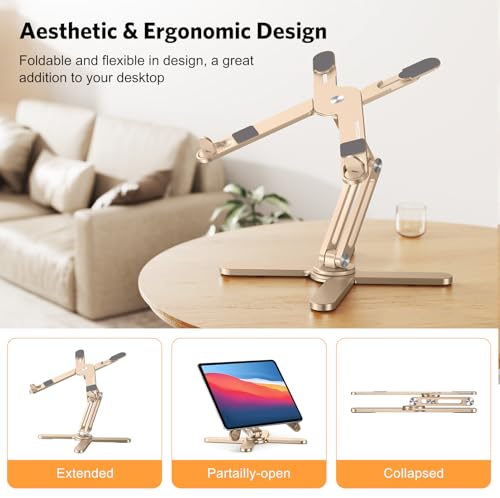 Image of OMOTON 360 Rotating Laptop Stand Riser for Desk, Ergonomic Foldable Computer Stand Adjustable Height Angles for Collaborative Work, Easy Storage Fit Macbooks,All Laptops up to 16 inches, Gold