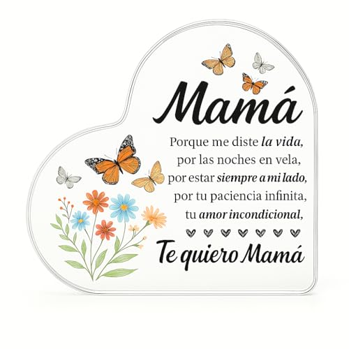 Figura Decorativa de Corazón con Mensaje para Mamá, Acrílico Transparente, 10 x 10 cm, con Caja de Regalo. Lukkalia - Kids and Us