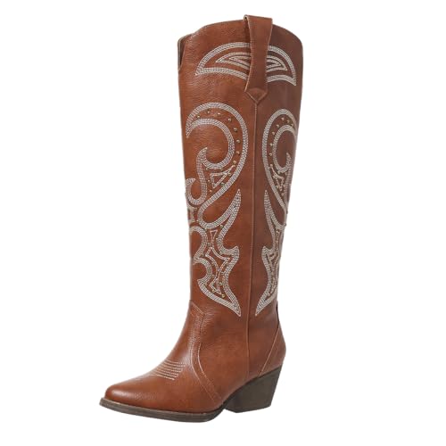 SelRoys Cowboy Boots for Women Cowgirl Knee High Wide Calf with Embroidered Chunky Heel Pull-on Western Tall Boots