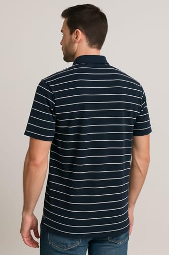 Image of WILD ELEPHANT Men Striped Polo T-Shirt | Cotton Short Sleeve Polo Neck with Button | Chest Pocket Casual Wear