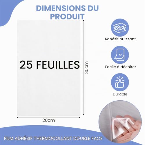 FTISSLY Lot de 25 Feuilles de Thermocollant Double Face – TPU Transparent 20×30 cm – Découpable sur Mesure – Résiste au Lavage et à l’Étirement – pour Réparer Tissu, Jeans, Cuir, Feutre – vue 2