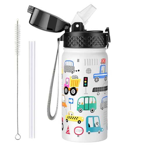 OLDLEY Botella Agua Aislada Acero Inoxidable para Niños 420ml/14oz con Pajita Reutilizable Aspiradora Metal Prueba Fugas Mantenga las Bebidas Calientes y Frías para Escuela (Coche Ingeniería Blanco)