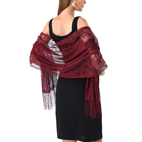 vimate Burgundy Shawls and wraps for Evening Dresses-Summer formal Sheer Lace floral Evening Wraps And Shawls for Women Dressy(Style 1-Burgundy)