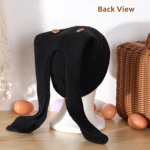 Bunny Beanie Hats for Women Cute Rabbit Ear Beanie Crochet Hats Winter Cap Warm Skull Cap Outdoor Ski Slouchy Black4