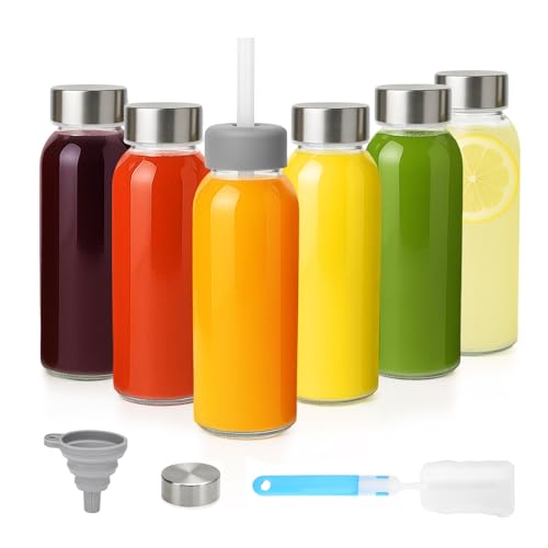 Zukro 10.5oz Glass Juice & Water Bottles with Stainless Steel Lids 6 Pack | Leak Proof Reusable Small Clear Drinking Bottle With Straw for Juicing, Smoothie, Dishwasher & Fridge Safe, BPA Fr