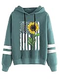 TICTICMIMI Women Sunflower Print Sweatshirts Color Block Long Sleeve Hoodies Lightweight Drawstring