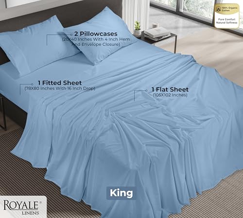 Image of ROYALE LINENS 100% Organic Cotton King Sheet Set - Percale Weave - 4 Pieces Set - 1 Flat, 1 Deep Pocket Fitted Sheet and 2 Pillowcases - Lake Blue Bed Sheets - Sabanas King - Crisp Cool (Lake Blue)