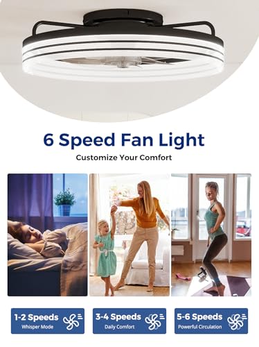 Image of Ceiling Fans with Lights and Remote, 20 inch Low Profile Flush Mount Ceiling Fan with 7 Blades, 6 Speeds, 3CCT Dimmable LED Fan Light (3000K-6500K), Modern Fandelier Ceiling Fans for Bedroom