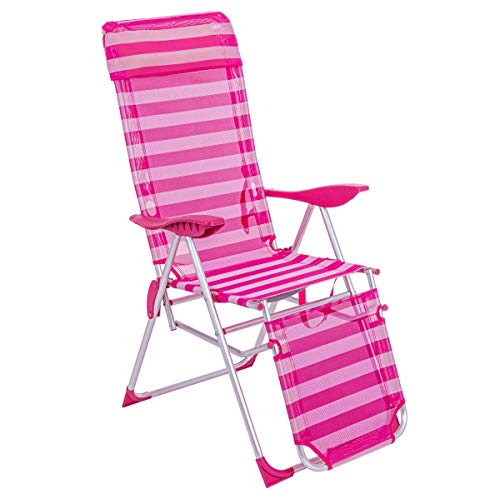 LOLAhome Tumbona con Reposapiés de 5 Posiciones de Aluminio y Textileno (Rosa y Blanco)