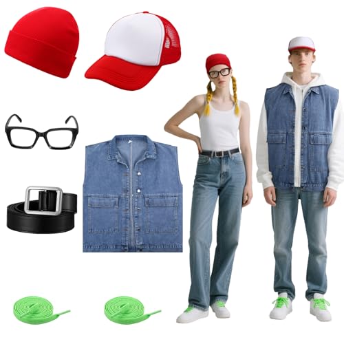 Maiteenly 7 Pcs Halloween Subway Couple Costume Trucker Hat Jacket Red Beanie Black Belt Square Eyeglasses Green Shoelaces for Halloween Subway Running Game Character Cosplay Party
