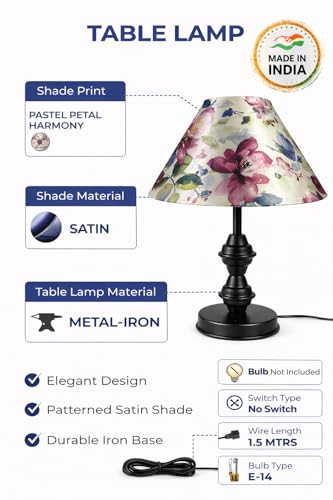 Image of tu casa Modern Table Lamp with Crimson Floral Satin Shade | Metal Iron Base Decorative lamp for Living Room| Study & Home Decor, Designer Table Lamp for Gifting (Pastel Petal Harmony)