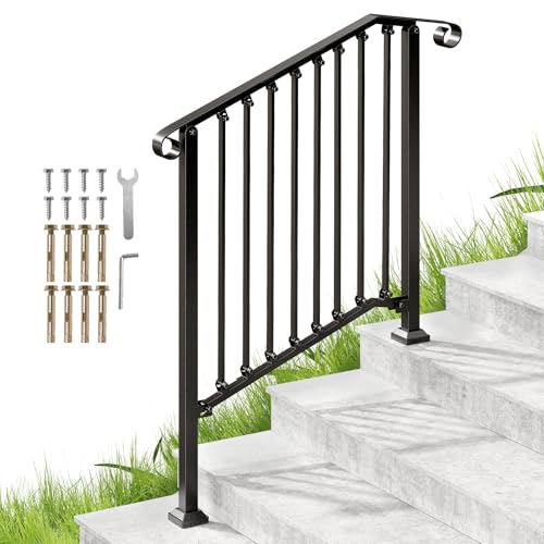 Redlife Barandilla Escalera Exteriores, Barandillas Escaleras para 3-4 Peldaños, Barandilla de Hierro Forjado Clásicos & Pasamanos Escalera Exteriores Ajustables para Porches (3-4 Peldaños)
