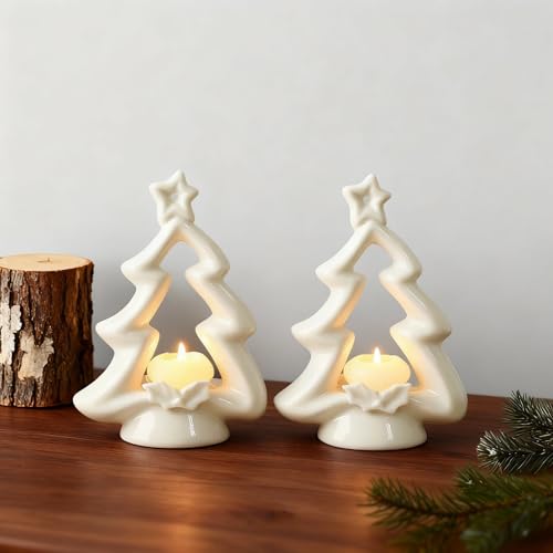 Pinkunn 2 Pcs Christmas Tree Candle Holders White Ceramic Xmas Table Decor
