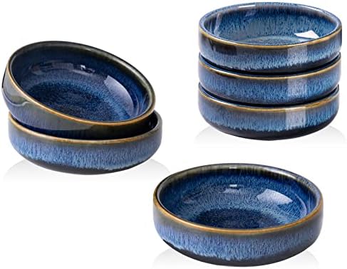 HOKELER 3.5 inch Small Ceramic Dipping Bowls Pinch Bowl Side Dishes for Soy Sauce Dessert Tomato, Set of 6, Black & Blue