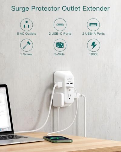 Image of Addtam 5-Outlet Extender Surge Protector, Multi Plug Wall Outlet with 4 USB Wall Charger(PD 30W), Outlet Splitter Power Strip for Home Office Dorm Room Essentials, Plug Extension Outlet 1800J