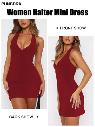 Image of Women's Sexy Halter V Neck Mini Dress for Women Summer Slim Fit Going Out Club Party Bodycon Short Dresses