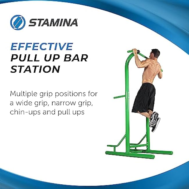 Stamina Pull Up Bar Tower & Dip Station, Free Standing Outdoor Home Gym Equipment, Green - Adjustable and Portable Workout Stand for Calisthenics Body Weight Training