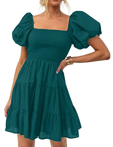 Image of ZESICA Women's Boho 2026 Summer Square Neck Puff Sleeve Off Shoulder Smocked Tiered Casual A Line Short Mini Dress
