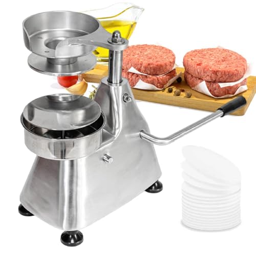 DFEDHF Commercial Manual Meat Patty Maker, Stainless Steel Burger Press Hamburger Press Patty Maker Hamburger Forming Processor with 500pcs Patty Papers, 100mm