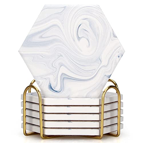 Juego de 6 posavasos de cerámica de mármol blanco hexagonal con soporte para mesa