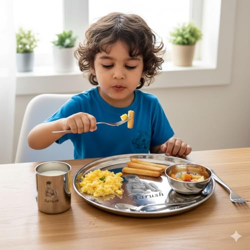 Image of Customized Stainless Steel Thali with Name & Photo Engraving | Ideal Birthday Gift for Boys & Girls | Custom Round Thali Plate Set for Kids