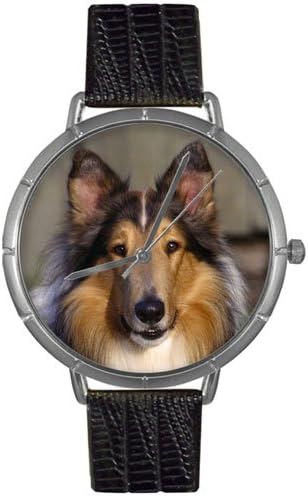 Whimsical Watches Collie Black Leather and Silvertone Photo Unisex Quartz Watch with White Dial Analogue Display and Multicolour Leather Strap T-0130004