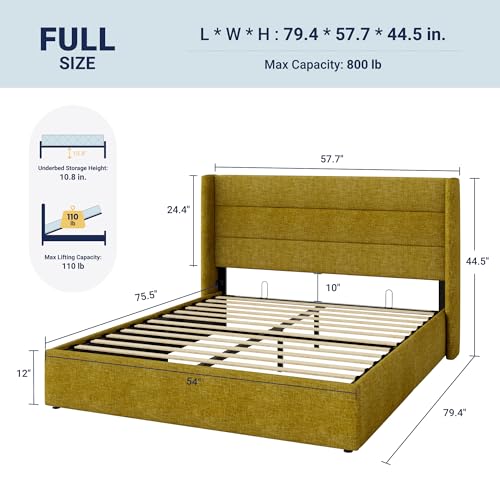 Image of Allewie Full Size Lift Up Storage Bed, Modern Wingback Headboard, Hydraulic Support, No Box Spring Needed, Olive Yellow