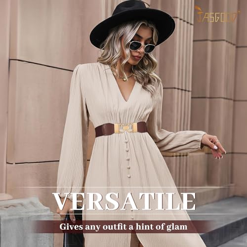 JASGOOD 4 Pack Wide Stretchy Belt for Women Elastic Waist Belt for Dresses Fashion Belt With Gold Buckle4