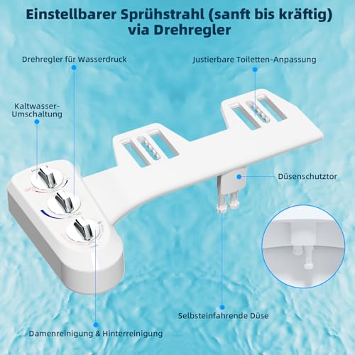 Hibbent WC Bidet, Water Bidet Dusch-WC (ohne Strom),Intimreinigung mit Selbstreinigende Düsen Wasserstrahl regulierbar Po Dusche und Lady-Dusche