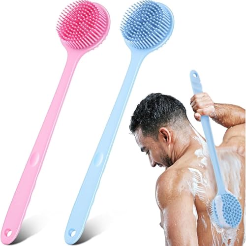 Image of Silicone Bath Brush with Long Handle - Soft Bristles Back Scrubber for Shower | Body Massage - Exfoliating Dirt Removal Brush for Men | Women (Pink & Blue Combo Set)