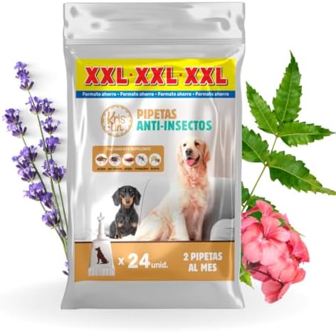 Pack de 24 Pipetas Anti-Insectos para Perros con Margosa, Geraniol y Lavandino | contra Pulgas, Garrapatas, Mosquitos y flebótomos | Único | 1,5 ml