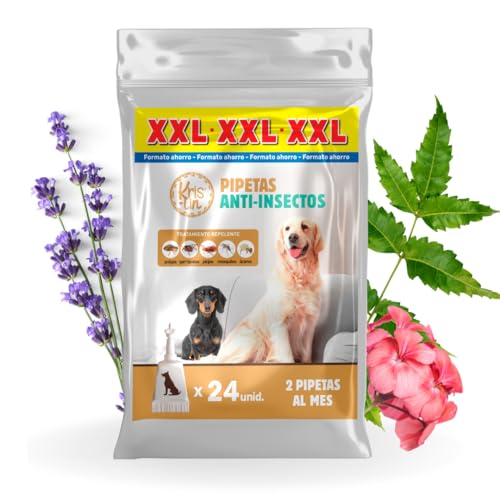 KRISLIN Pack de 24 Pipetas Anti-Insectos para Perros con Margosa, Geraniol y Lavandino | contra Pulgas, Garrapatas, Mosquitos y flebótomos | Único | 1,5 ml