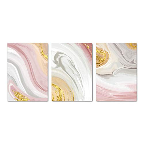 Peinture sur toile abstraite marbre rose dore deco salon moderne triptyque scandinave 60x90