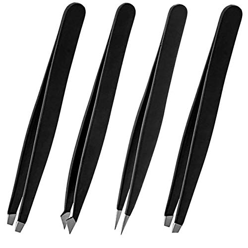 Tweezers Ingrown Hair, Slanted and Pointed Tweezer Set Tweezer 4 Piece Professional Tweezers Set Ingrown Hair Stainless Steel (Black)